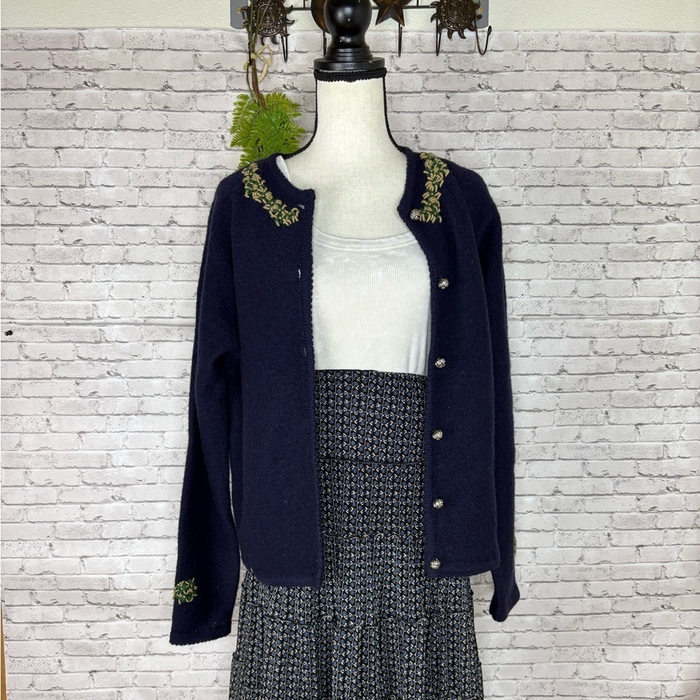 Vintage Karen Scott Navy Blue Cottagecore Embroidered Cardigan Sweater